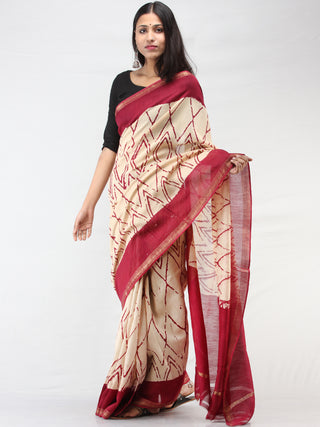 Ivory Maroon Hand Block Printed Maheshwari Silk Saree With Zari Border - S031704467