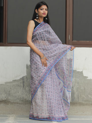White Sky Blue Pink Hand Block Printed Kota Doria Saree  - S031704087