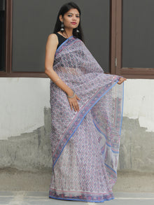White Sky Blue Pink Hand Block Printed Kota Doria Saree  - S031704087