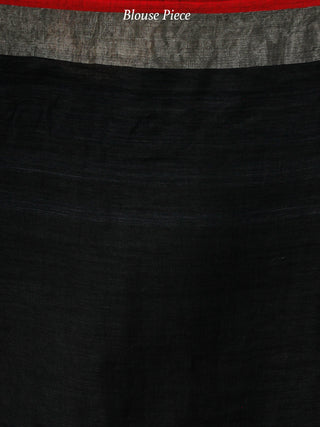 Black Red Silver Handwoven Linen Jamdani Saree With Zari Border & Tassels - S031704012