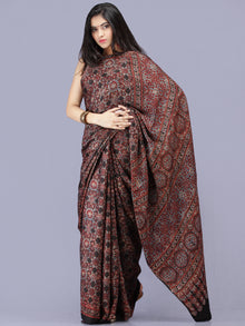 Black Maroon Indigo Ajrakh Hand Block Printed Modal Silk Saree - S031704186