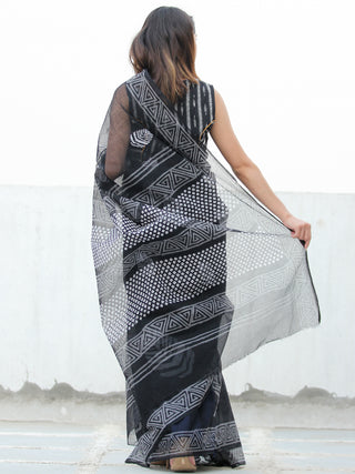 Black & White Hand Block Printed Kota Doria Saree  - S031704081