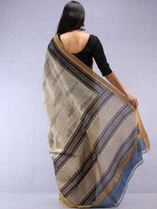 Ivory Black Indigo Hand Block Printed Chanderi Saree With Geecha Border - S031704521
