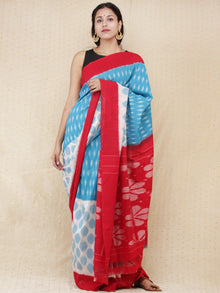 Sky Blue Ivory Red Ikat Handwoven Pochampally Mercerized Cotton Saree - s031704164