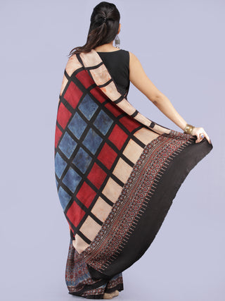 Maroon Black Beige Indigo Ajrakh Hand Block Printed Modal Silk Saree - S031704256