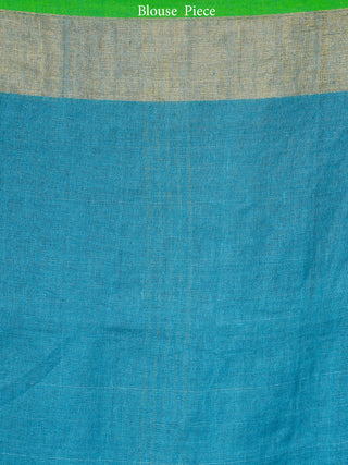 Blue Green Handwoven Linen Saree With Zari - S031703454