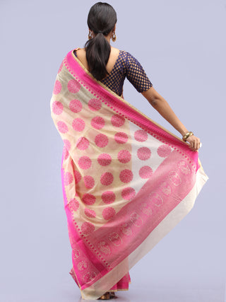 Banarasee Chanderi Saree With Resham Border & Butta - Ivory & Pink - S031704302