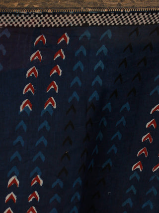 Deep Indigo Red Ivory Chanderi Silk Hand Block Printed Saree With Geecha Border - S031703995