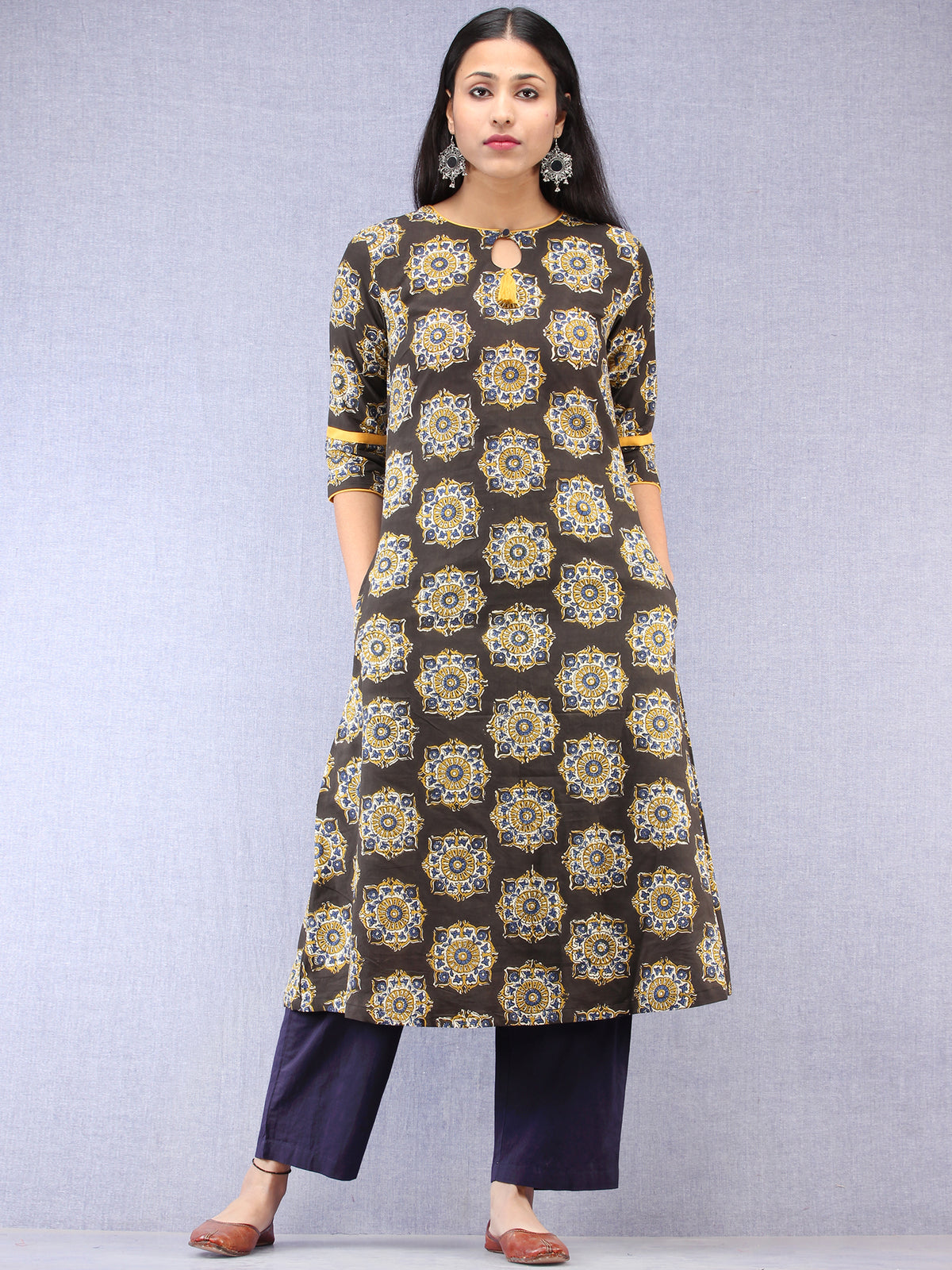 Charcoal Black Mustard Ajrakh Hand Block Printed Kurta With Side Pockets  - K202F1822