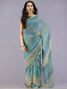 Steel Blue Yellow Hand Block Printed Chiffon Saree with Zari Border - S031704597