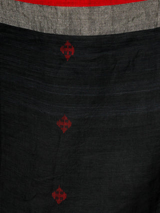 Black Red Silver Handwoven Linen Jamdani Saree With Zari Border & Tassels - S031704012