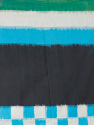 Sky Blue Bottle Green Black White Ikat Handwoven Mercerised Cotton Saree - S031703623