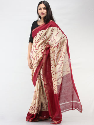 Ivory Maroon Hand Block Printed Maheshwari Silk Saree With Zari Border - S031704467