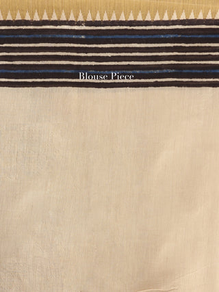 Ivory Black Indigo Hand Block Printed Chanderi Saree With Geecha Border - S031704521