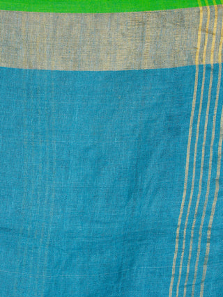 Blue Green Handwoven Linen Saree With Zari - S031703454