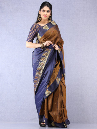 Banarasee Katan Silk Saree With Zari Work - Brown Blue Gold Green - S031704321