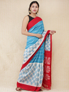 Sky Blue Ivory Red Ikat Handwoven Pochampally Mercerized Cotton Saree - s031704164