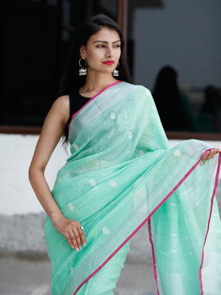 Pastel Green Silver Handwoven Linen Embroidered Saree With Zari Border & Tassels - S031704031