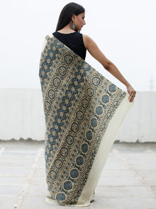 Ivory Indigo Black Brown Ajrakh Hand Block Printed Modal Silk Saree in Natural Colors - S031703707