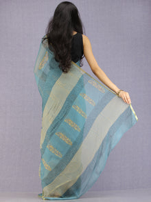 Steel Blue Yellow Hand Block Printed Chiffon Saree with Zari Border - S031704597