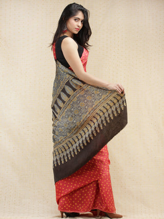 Coral Mustard Black Bandhej Modal Silk Saree With Ajrakh Printed Pallu & Blouse - s031704144