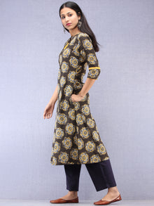 Charcoal Black Mustard Ajrakh Hand Block Printed Kurta With Side Pockets  - K202F1822