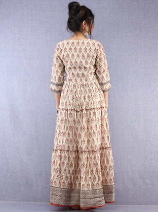 Naaz Mahira - Hand Block Printed Long Cotton Tiered Embroidered Angrakha Dress - DS89F001