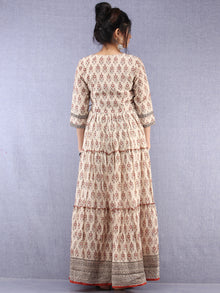 Naaz Mahira - Hand Block Printed Long Cotton Tiered Embroidered Angrakha Dress - DS89F001