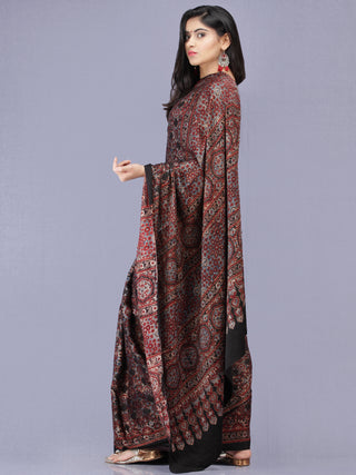 Black Maroon Indigo Ajrakh Hand Block Printed Modal Silk Saree - S031704186