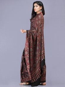 Black Maroon Indigo Ajrakh Hand Block Printed Modal Silk Saree - S031704186
