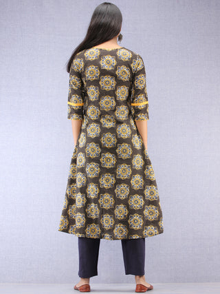 Charcoal Black Mustard Ajrakh Hand Block Printed Kurta With Side Pockets  - K202F1822