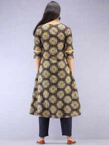 Charcoal Black Mustard Ajrakh Hand Block Printed Kurta With Side Pockets  - K202F1822