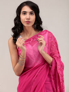 Pink Aari Embroidered Georgette Saree From Kashmir - S031704637