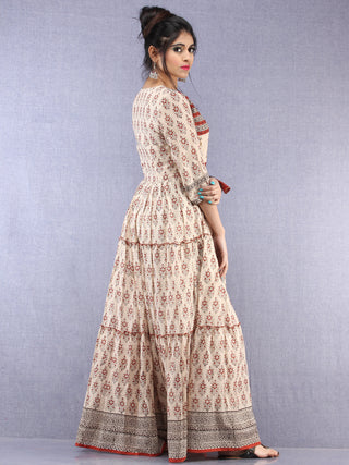 Naaz Mahira - Hand Block Printed Long Cotton Tiered Embroidered Angrakha Dress - DS89F001