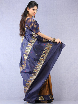 Banarasee Katan Silk Saree With Zari Work - Brown Blue Gold Green - S031704321