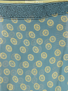 Steel Blue Yellow Hand Block Printed Chiffon Saree with Zari Border - S031704597