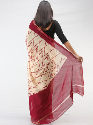Ivory Maroon Hand Block Printed Maheshwari Silk Saree With Zari Border - S031704467