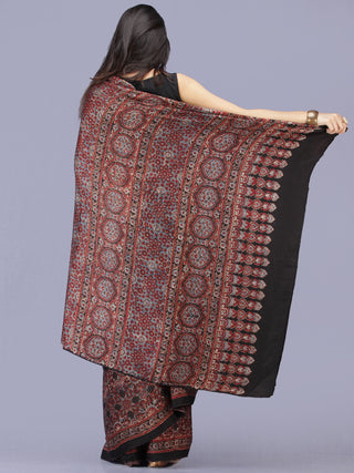 Black Maroon Indigo Ajrakh Hand Block Printed Modal Silk Saree - S031704186