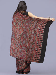 Black Maroon Indigo Ajrakh Hand Block Printed Modal Silk Saree - S031704186