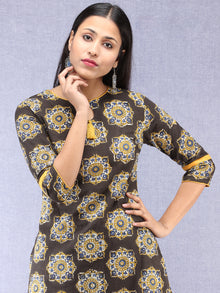 Charcoal Black Mustard Ajrakh Hand Block Printed Kurta With Side Pockets  - K202F1822