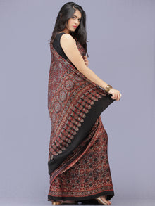 Black Maroon Indigo Ajrakh Hand Block Printed Modal Silk Saree - S031704186