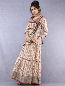 Naaz Mahira - Hand Block Printed Long Cotton Tiered Embroidered Angrakha Dress - DS89F001