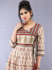 Naaz Mahira - Hand Block Printed Long Cotton Tiered Embroidered Angrakha Dress - DS89F001