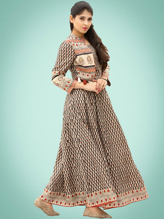 Naaz Roheen - Hand Block Printed Long Cotton Embroidered Jacket Dress - DS98F002