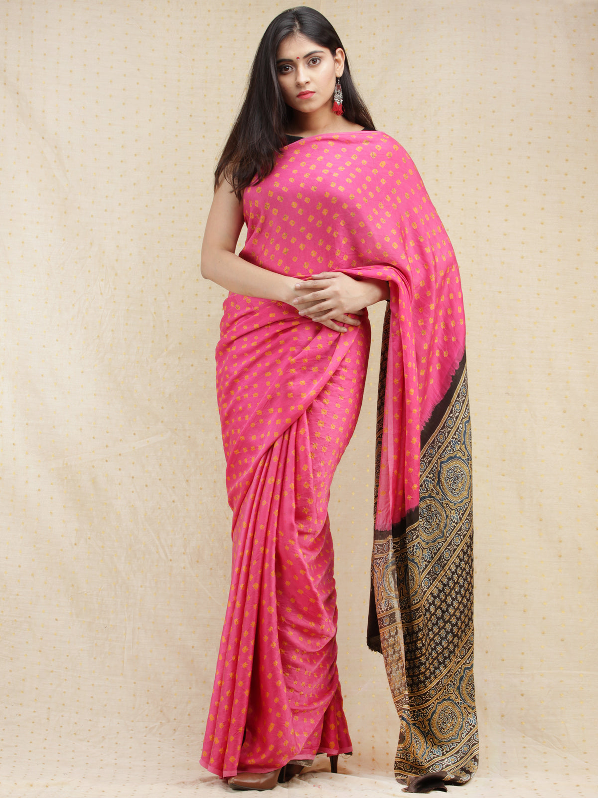 Pink Mustard Black Bandhej Modal Silk Saree With Ajrakh Printed Pallu & Blouse - s031704145