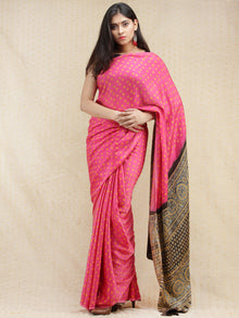 Pink Mustard Black Bandhej Modal Silk Saree With Ajrakh Printed Pallu & Blouse - s031704145
