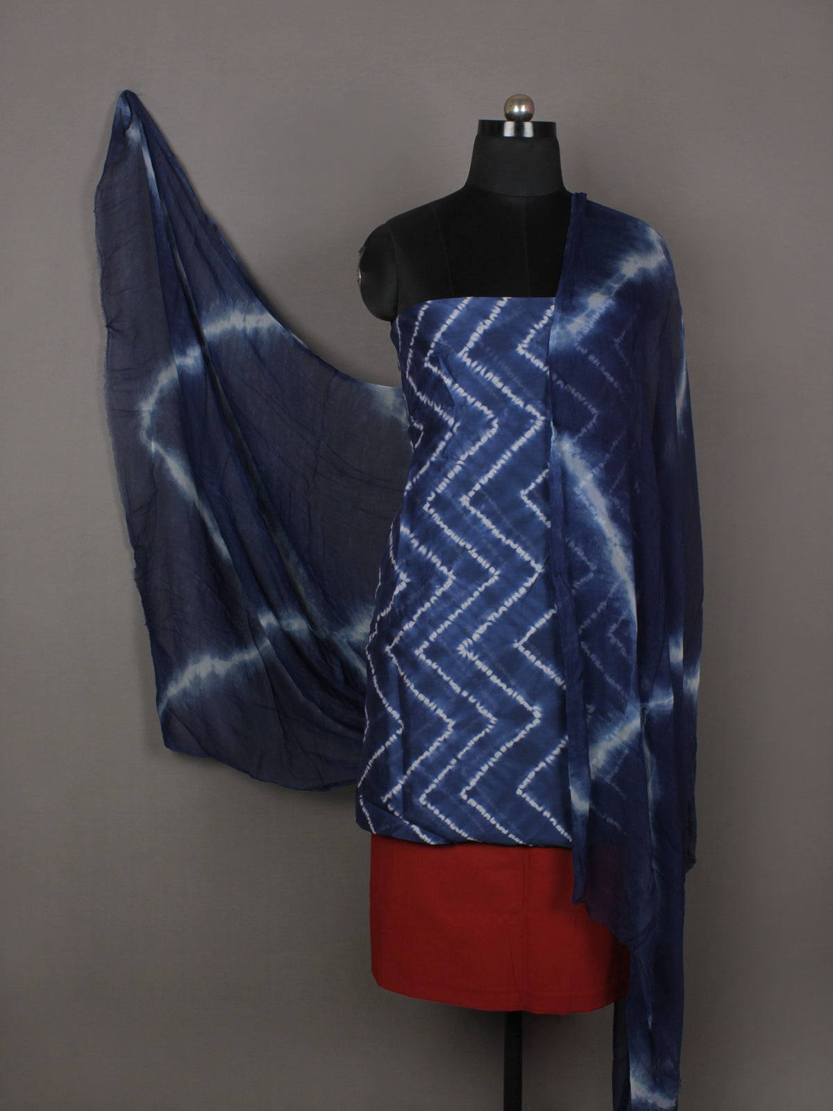 Indigo Ivory Maroon Hand Shibori Dyed Chanderi Kurta & Chiffon Dupatta With Cotton Salwar Fabric Set of 3- S1628204