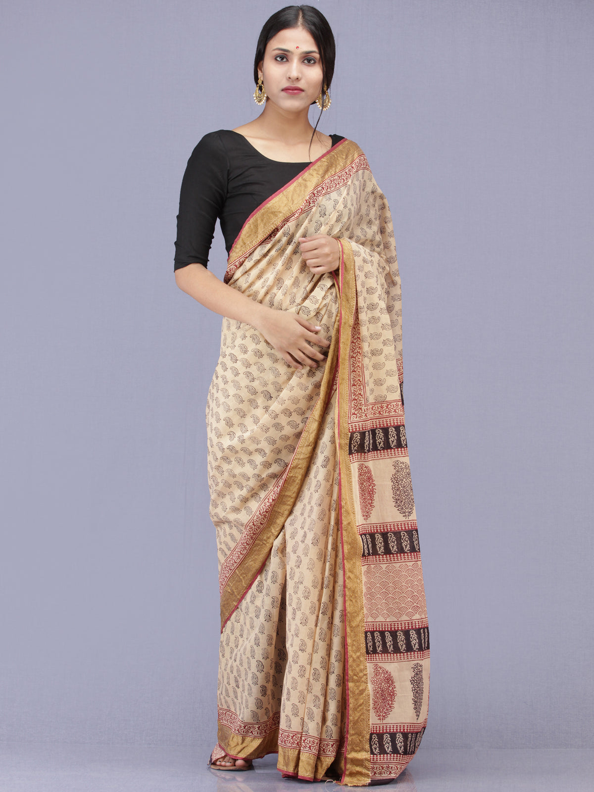 Beige Maroon Black Bagh Printed Maheshwari Cotton Saree - S031704177