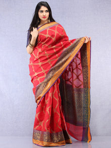 Banarasee Cotton Silk Saree With Zari Work - Crimson Red Purple & Gold - S031704395
