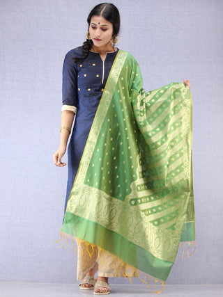 Banarasi Chanderi Dupatta With Resham Work - Green & Gold - D04170805